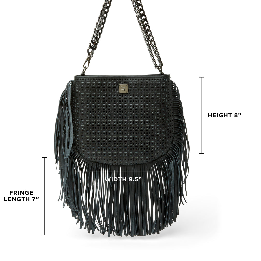 Black Perforated Leather and Fringe