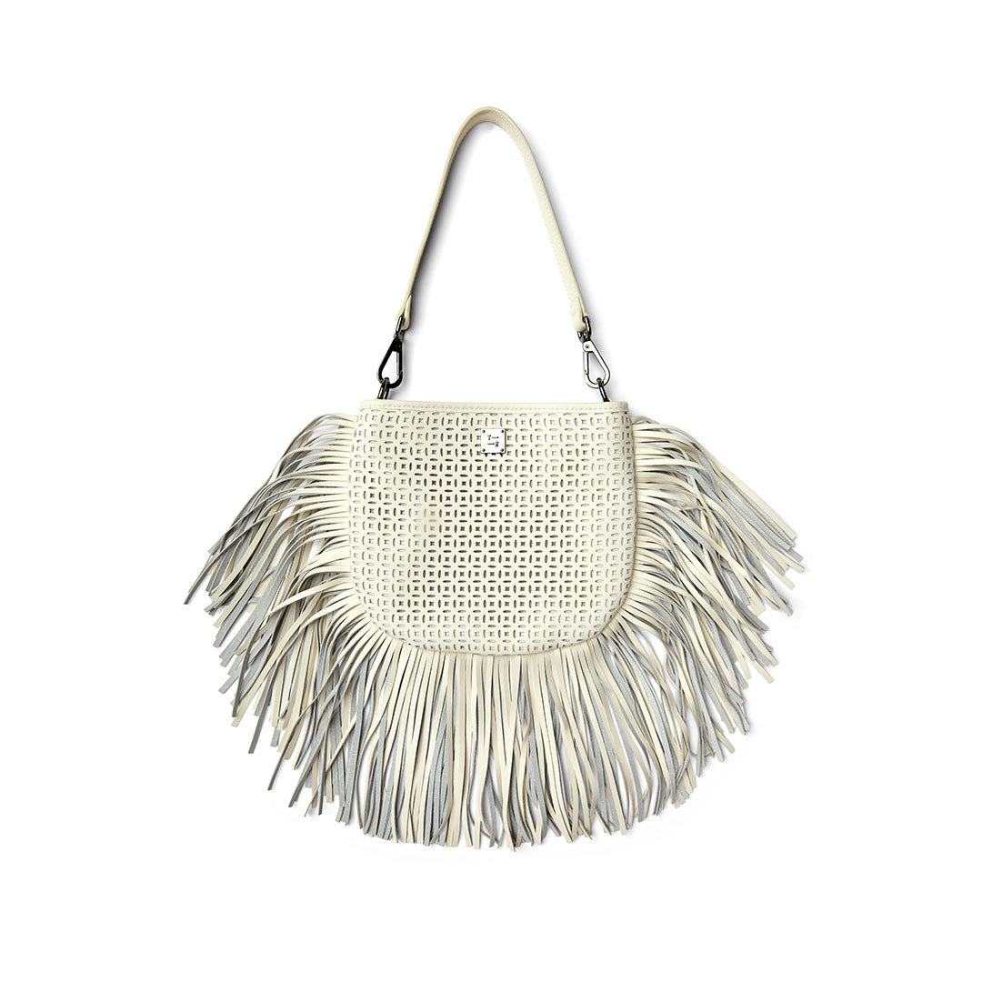 Cream Perforated Leather and Fringe
