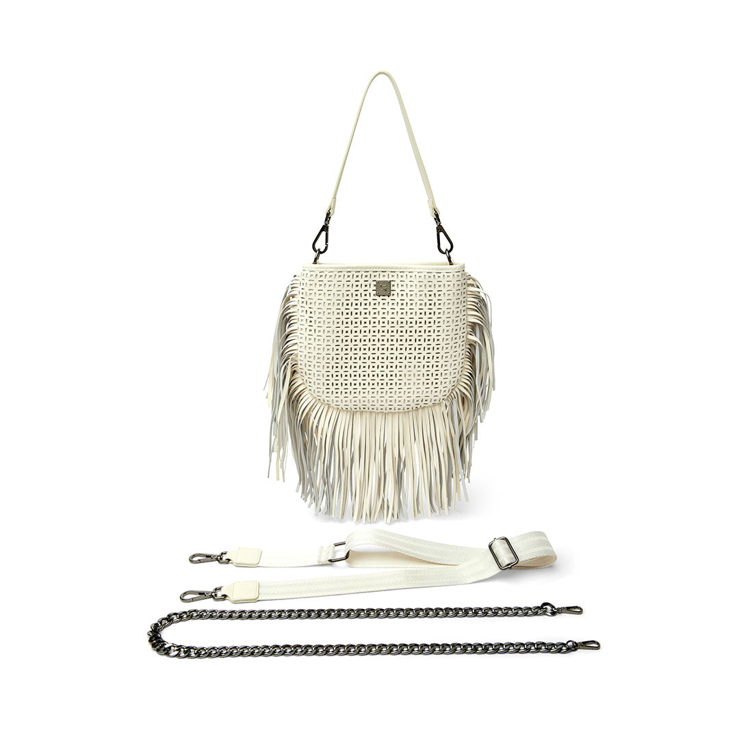 Cream Perforated Leather and Fringe