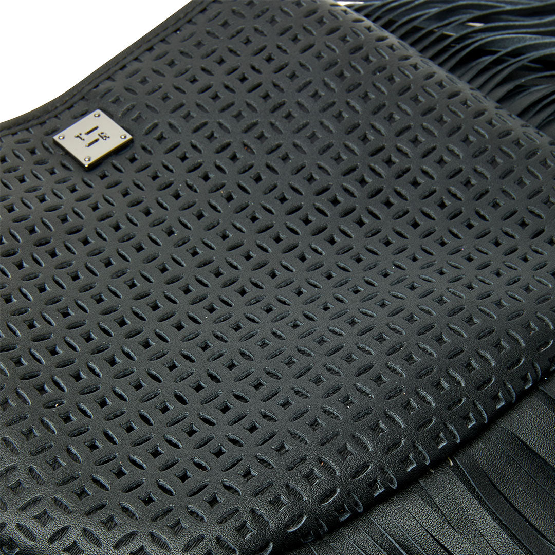 Black Perforated Leather and Fringe
