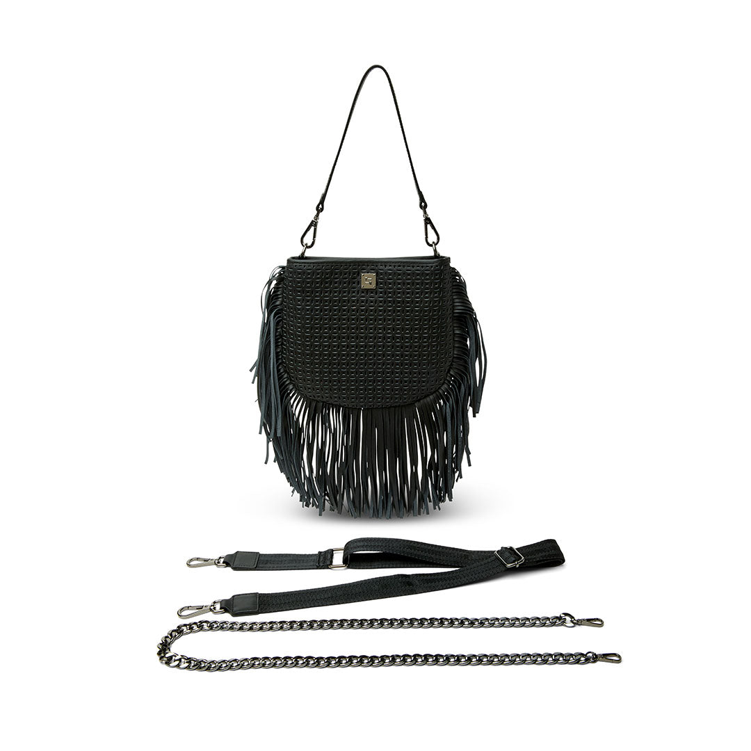Black Perforated Leather and Fringe