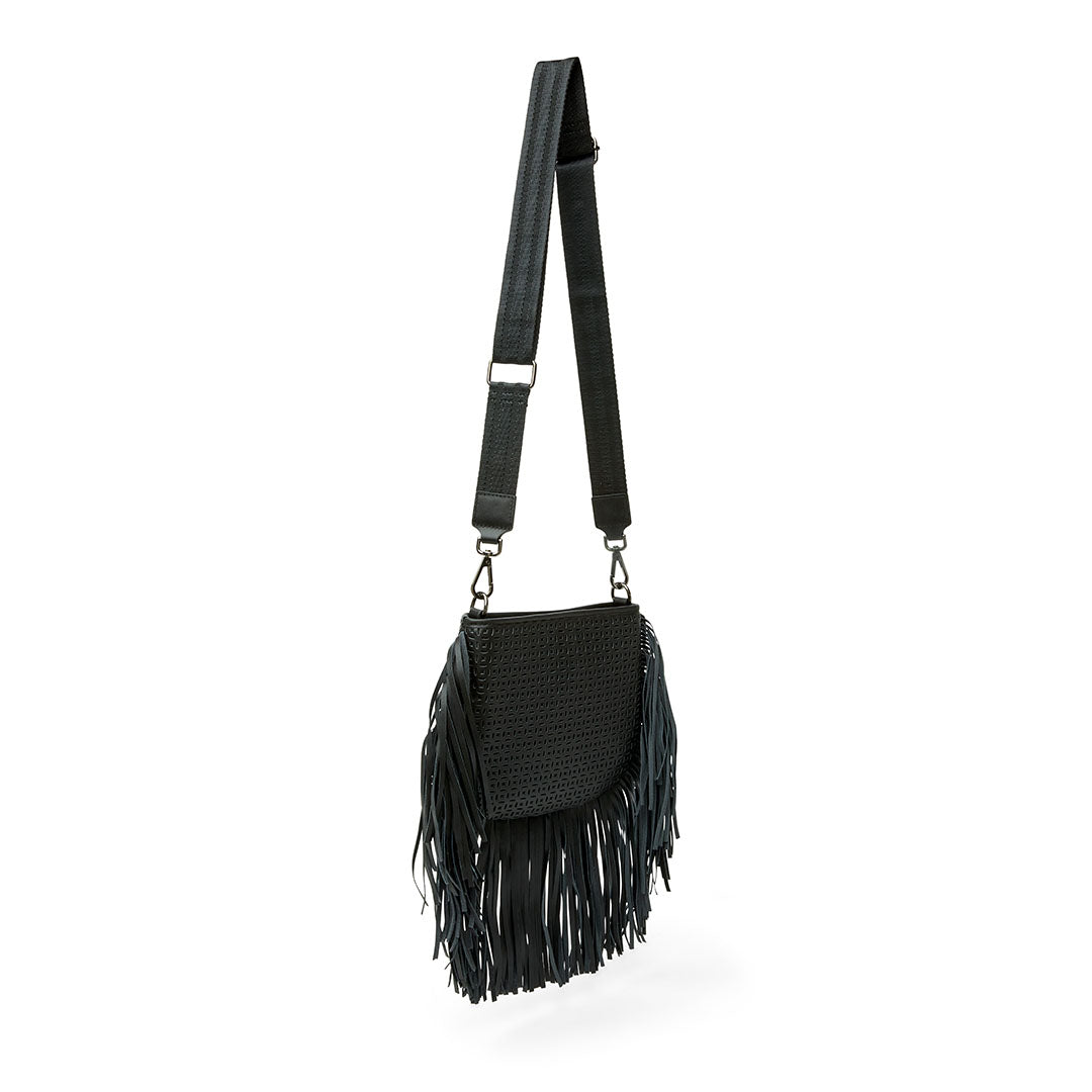 Black Perforated Leather and Fringe
