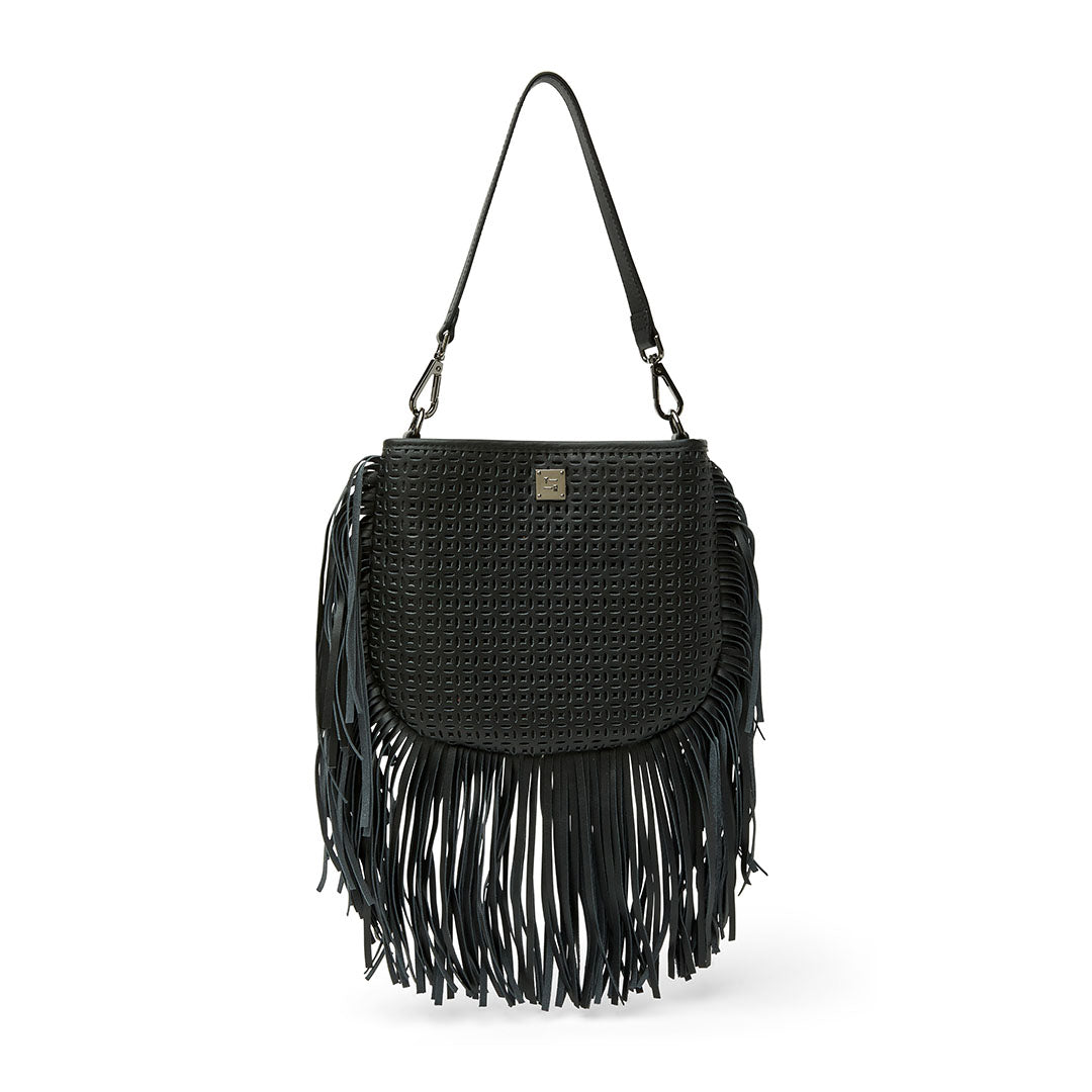 Black Perforated Leather and Fringe