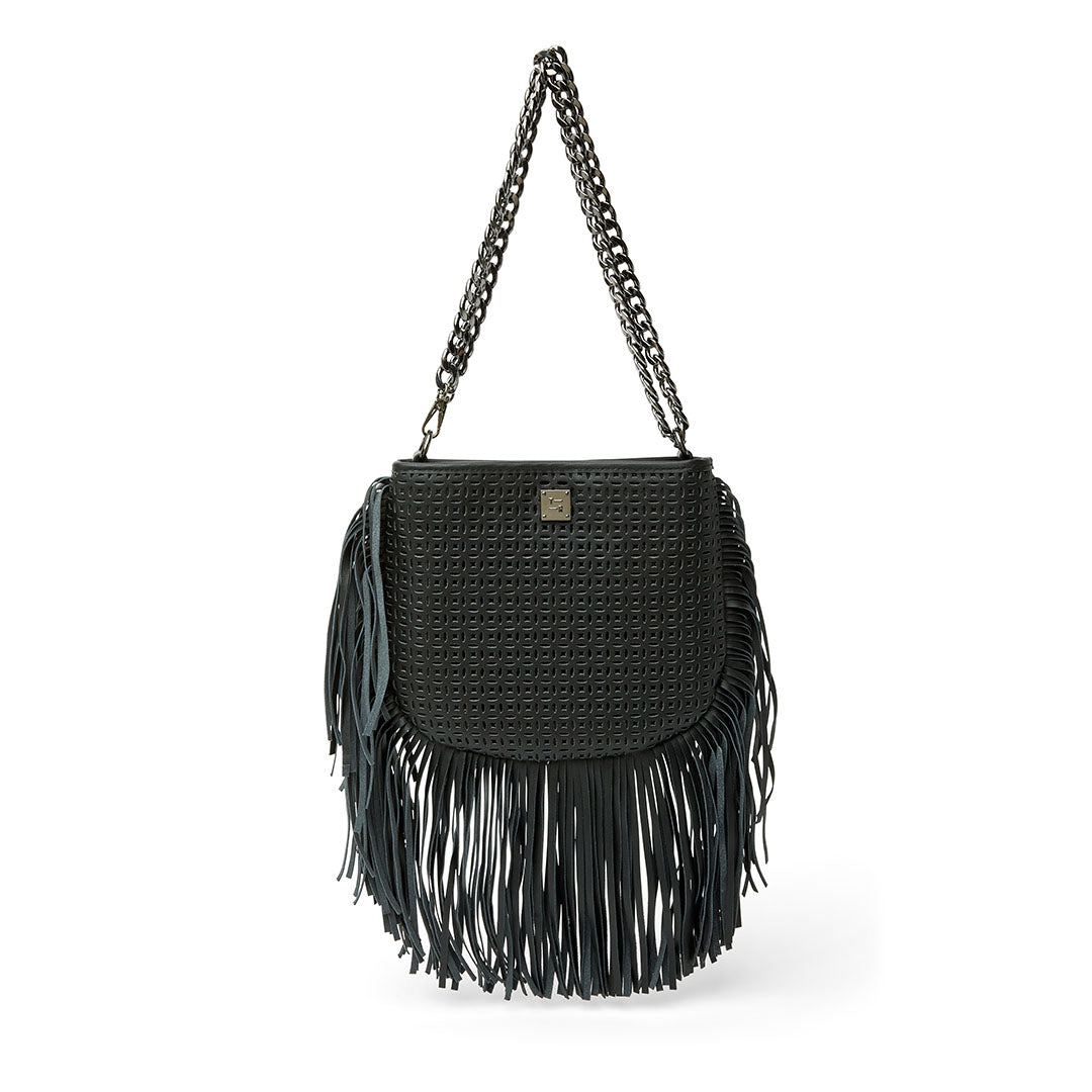 Black Perforated Leather and Fringe