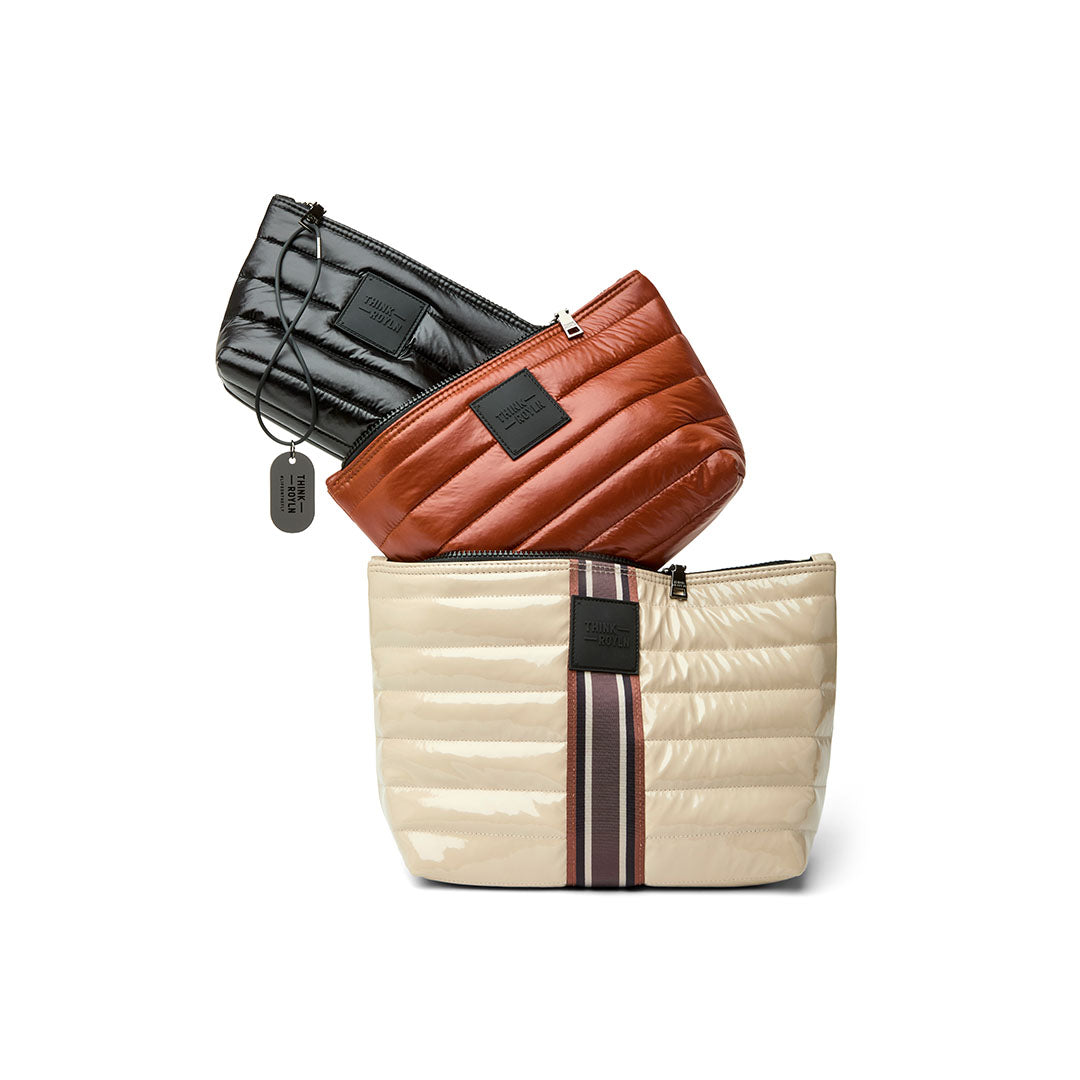 Blonde Patent with Multi Stripe Web Glossy Mocha and Shiny Black