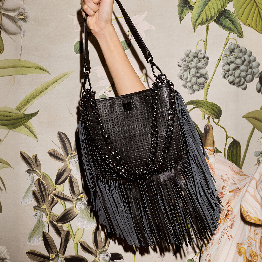 Black Perforated Leather and Fringe