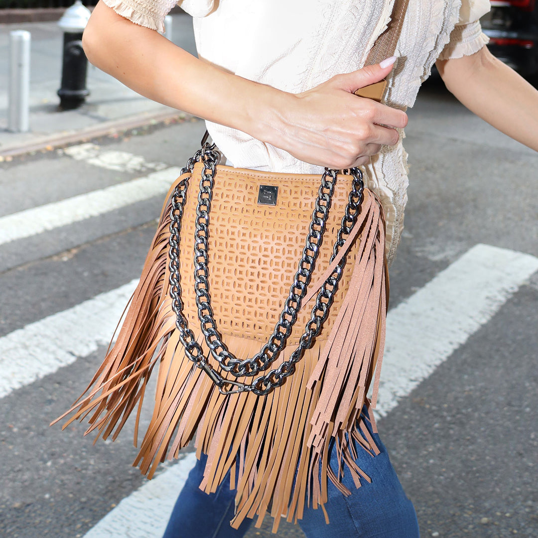 Terracotta Perforated Leather and Fringe