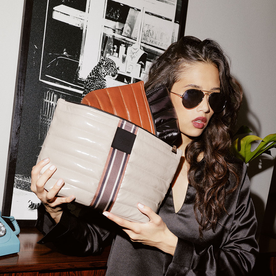 Blonde Patent with Stripe Glossy Mocha and Pearl Black