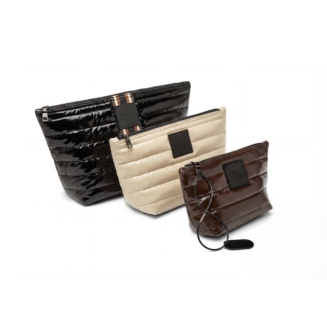 Black Patent with Multi Stripe Web, Blonde Patent and Glossy Chocolate