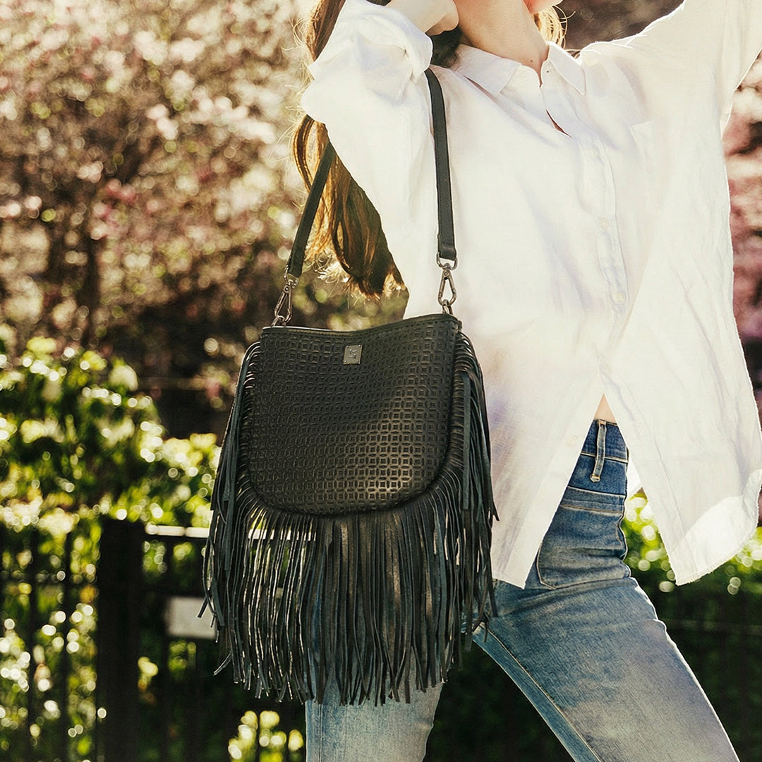 Black Perforated Leather and Fringe