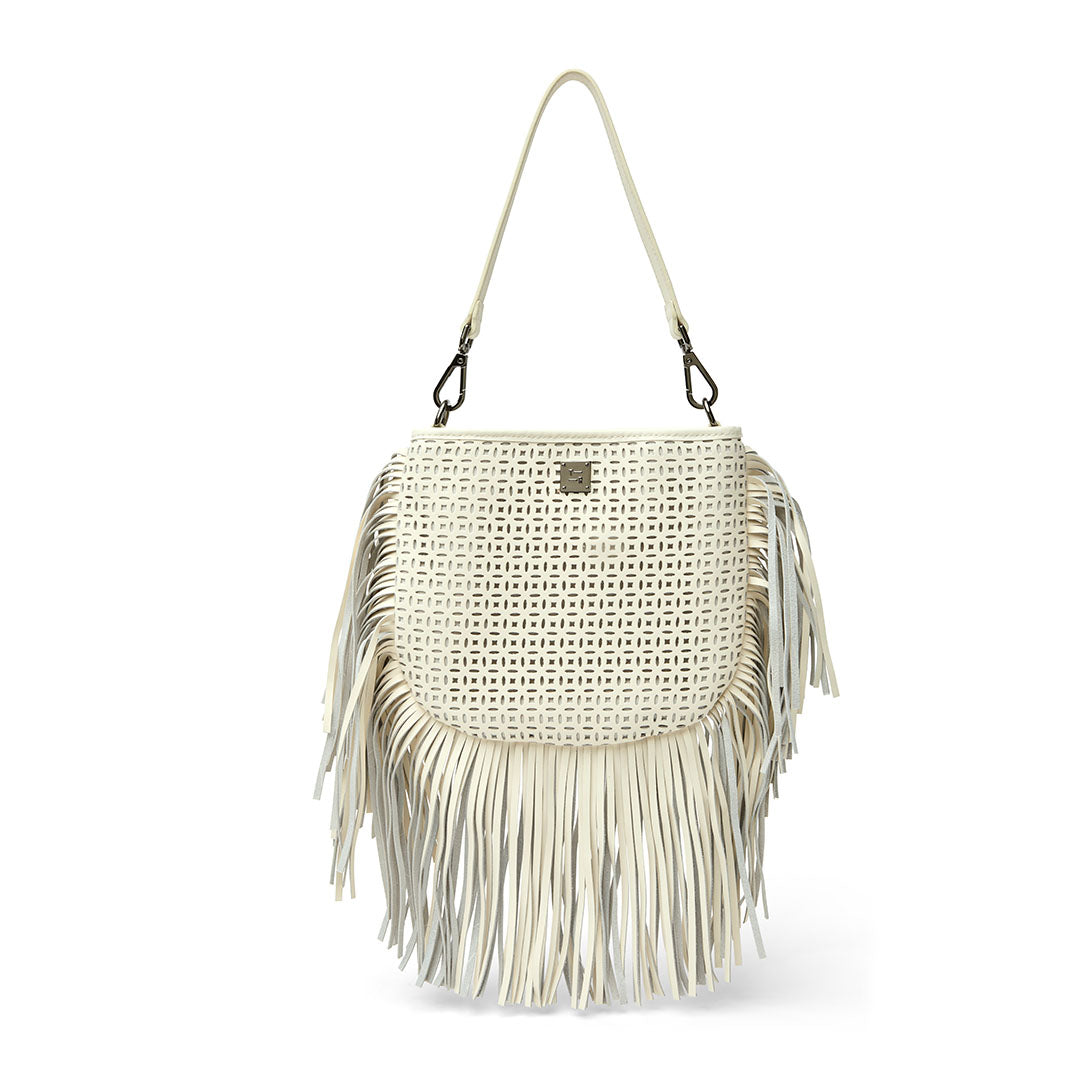 Cream Perforated Leather and Fringe