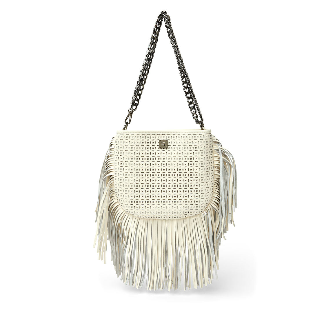 Cream Perforated Leather and Fringe
