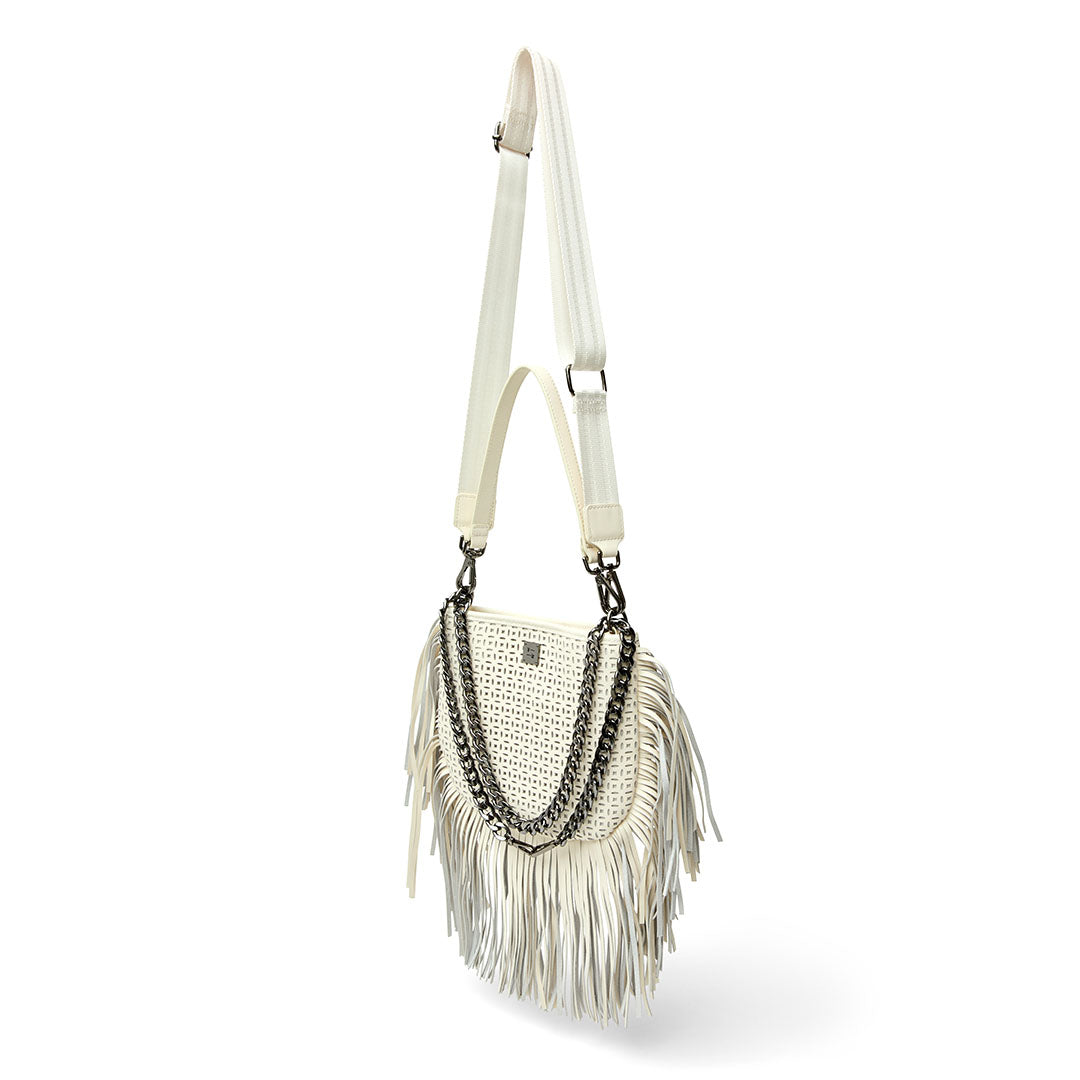 Cream Perforated Leather and Fringe