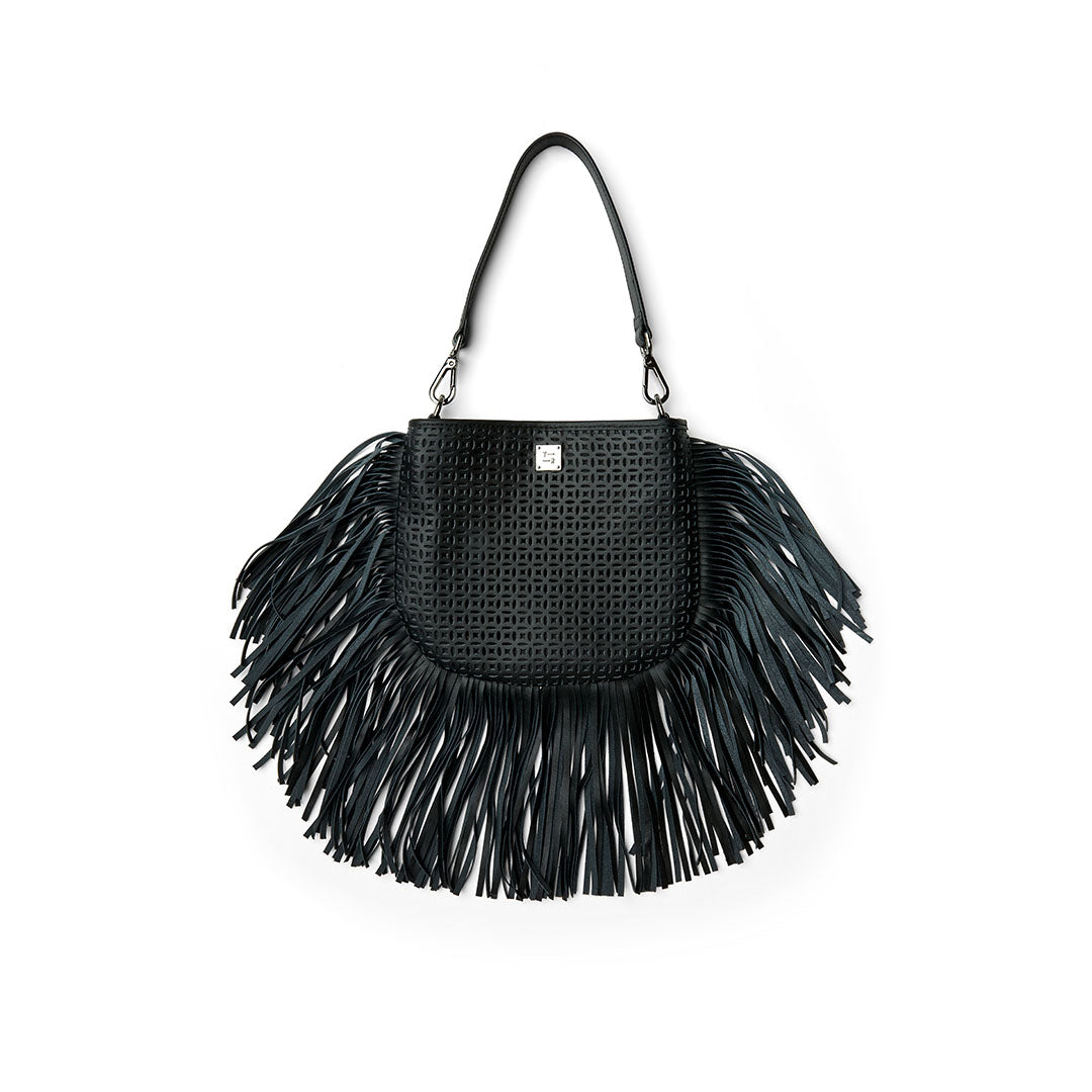 Black Perforated Leather and Fringe