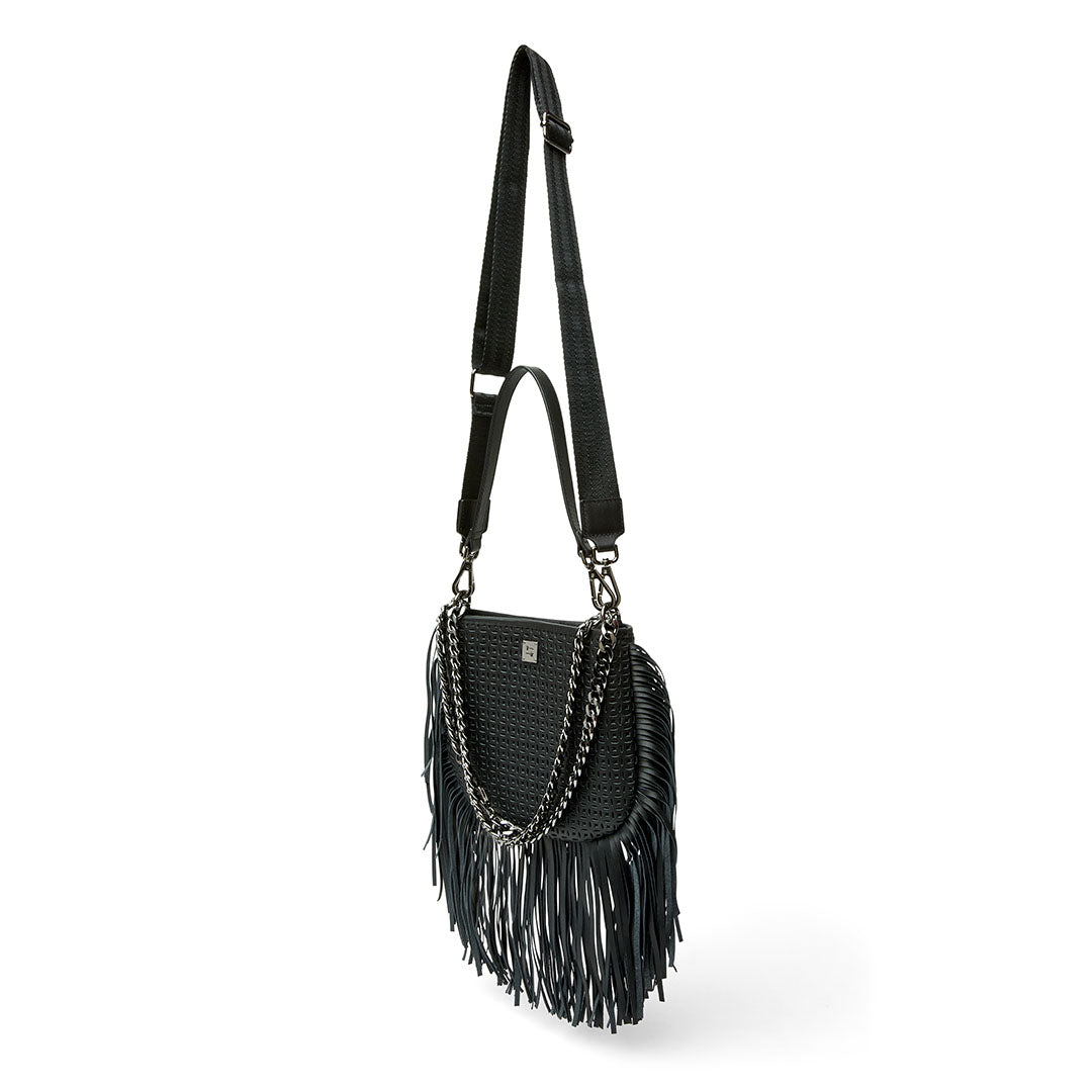 Black Perforated Leather and Fringe