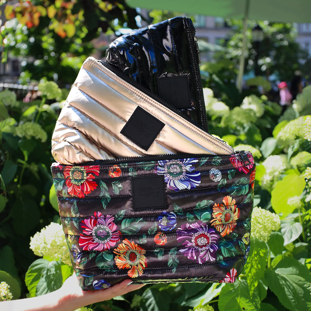 Black Floral Pearl Cashmere and Black Patent