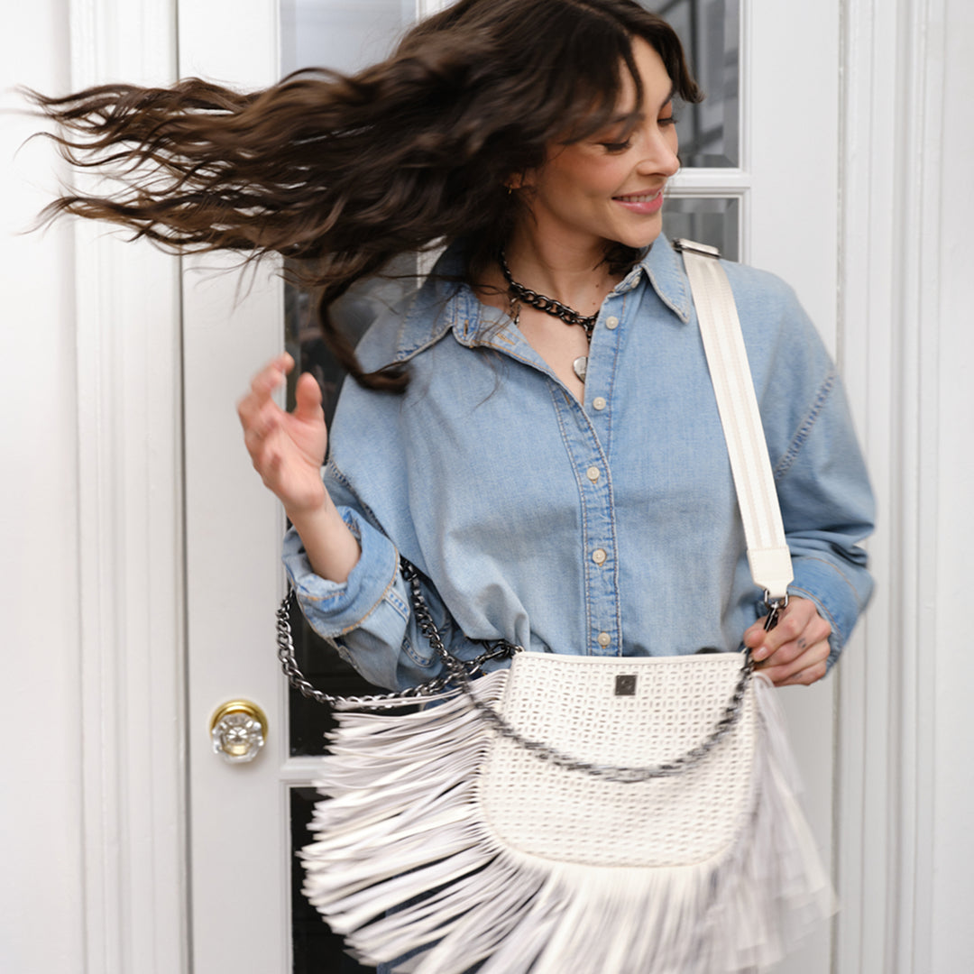 Cream Perforated Leather and Fringe