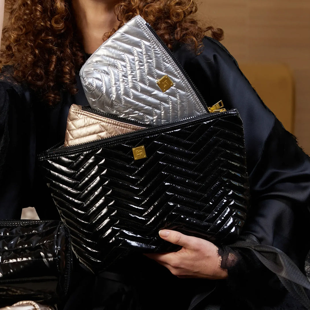 Black Patent Moto Pearl Cashmere Moto and Pearl Silver Moto