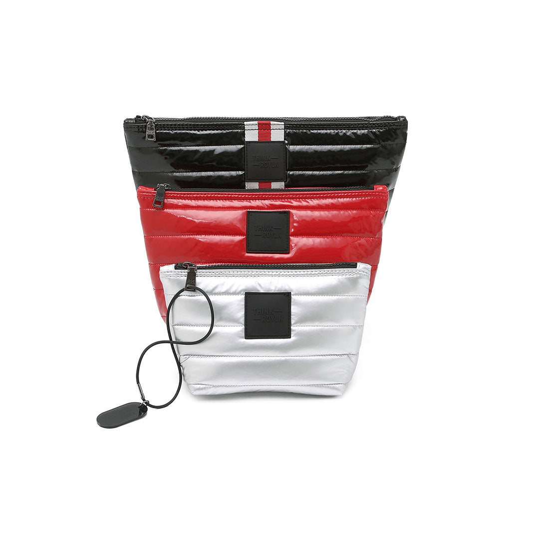 Travel Trio Organizational Pouches Black Patent W/Stripe Web Lipstick Patent Pearl Silver