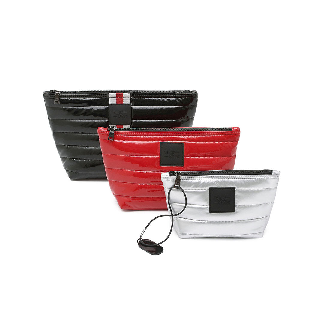 Travel Trio Organizational Pouches Black Patent W/Stripe Web Lipstick Patent Pearl Silver