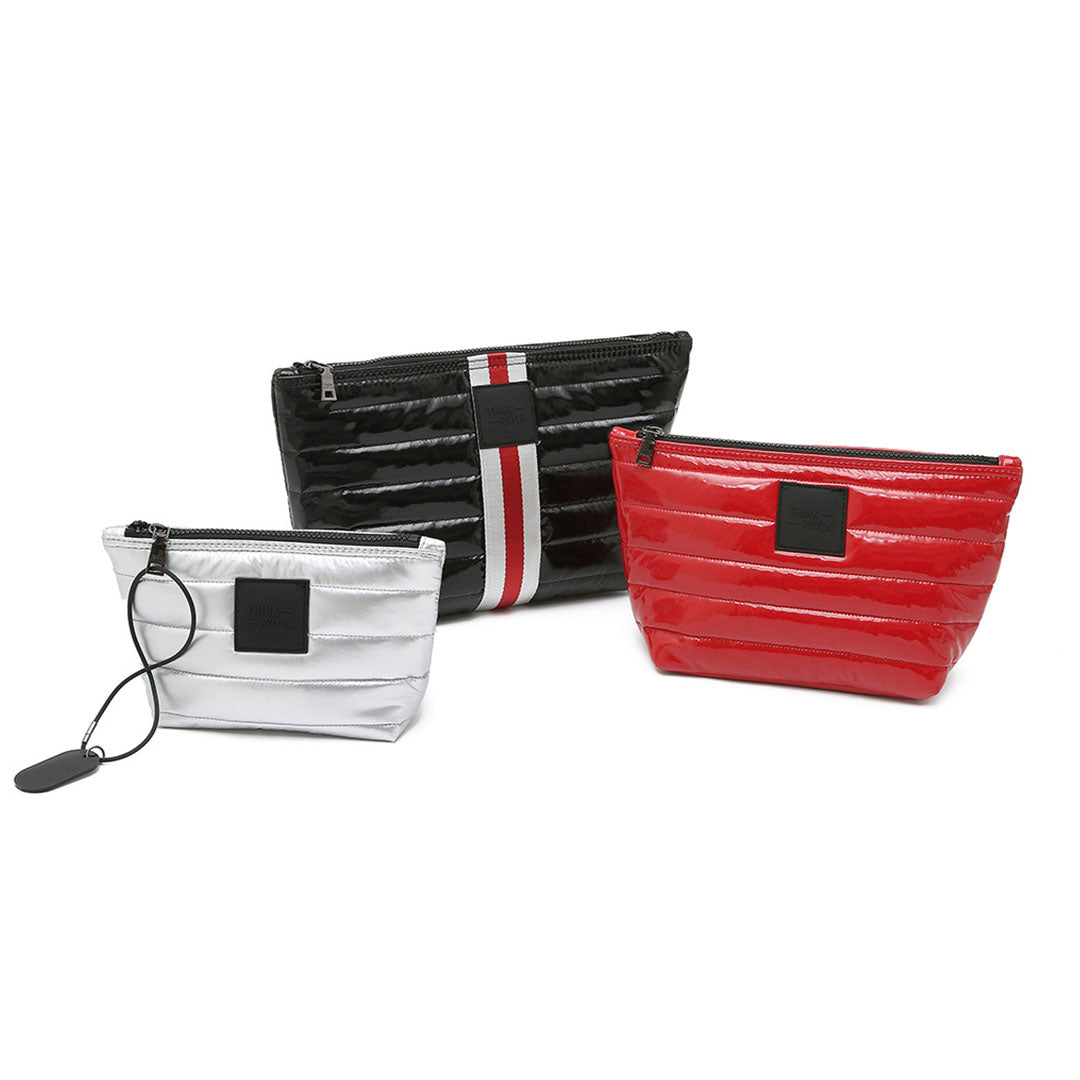 Travel Trio Organizational Pouches Black Patent W/Stripe Web Lipstick Patent Pearl Silver