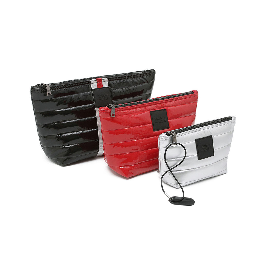 Travel Trio Organizational Pouches Black Patent W/Stripe Web Lipstick Patent Pearl Silver