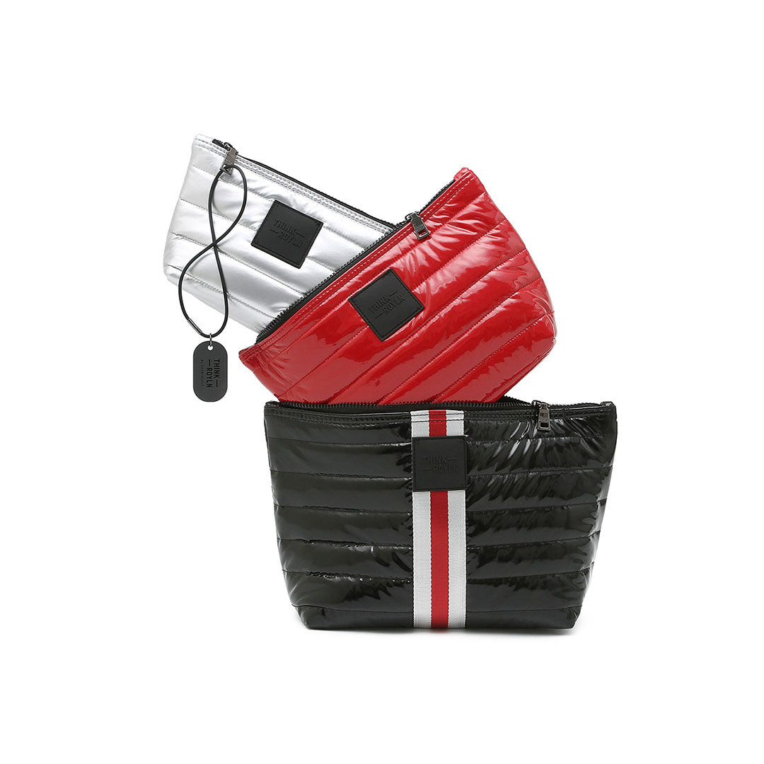 Travel Trio Organizational Pouches Black Patent W/Stripe Web Lipstick Patent Pearl Silver